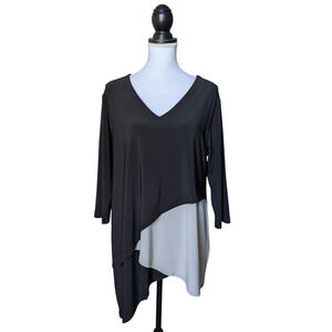 Sympli Canada Black Gray Asymmetrical Hem V Neck Tunic Top Size 14 Jersey Knit